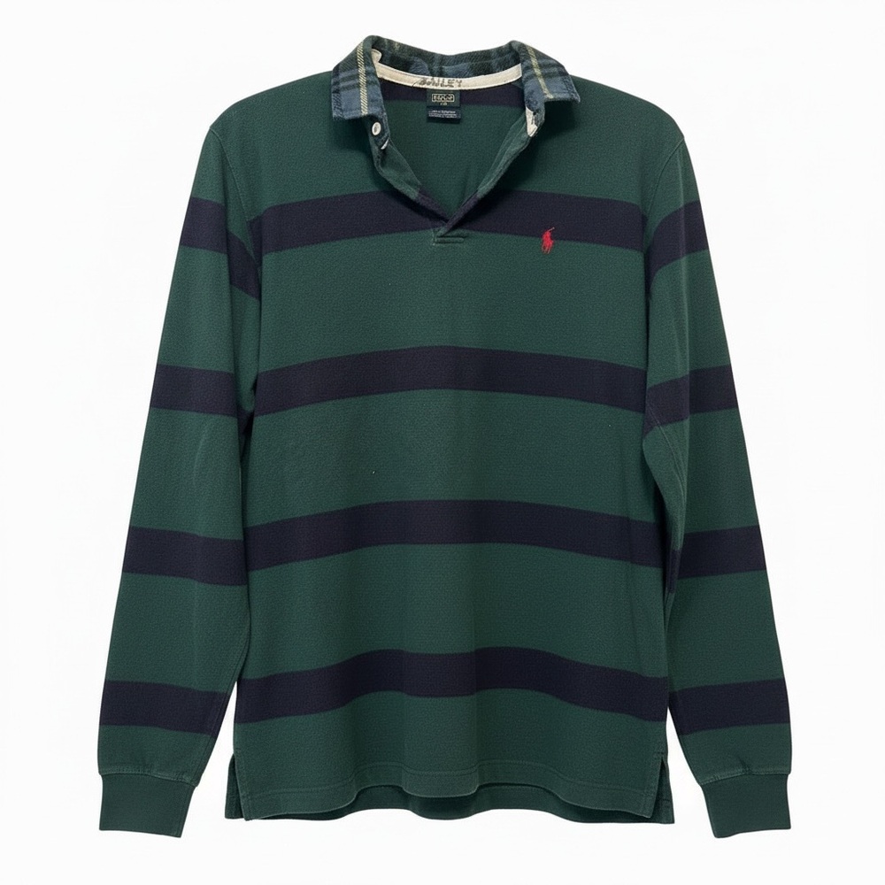 Vintage Polo Ralph Lauren Rugby Plaid Collar Green Navy Stripe - Fits Men's XS